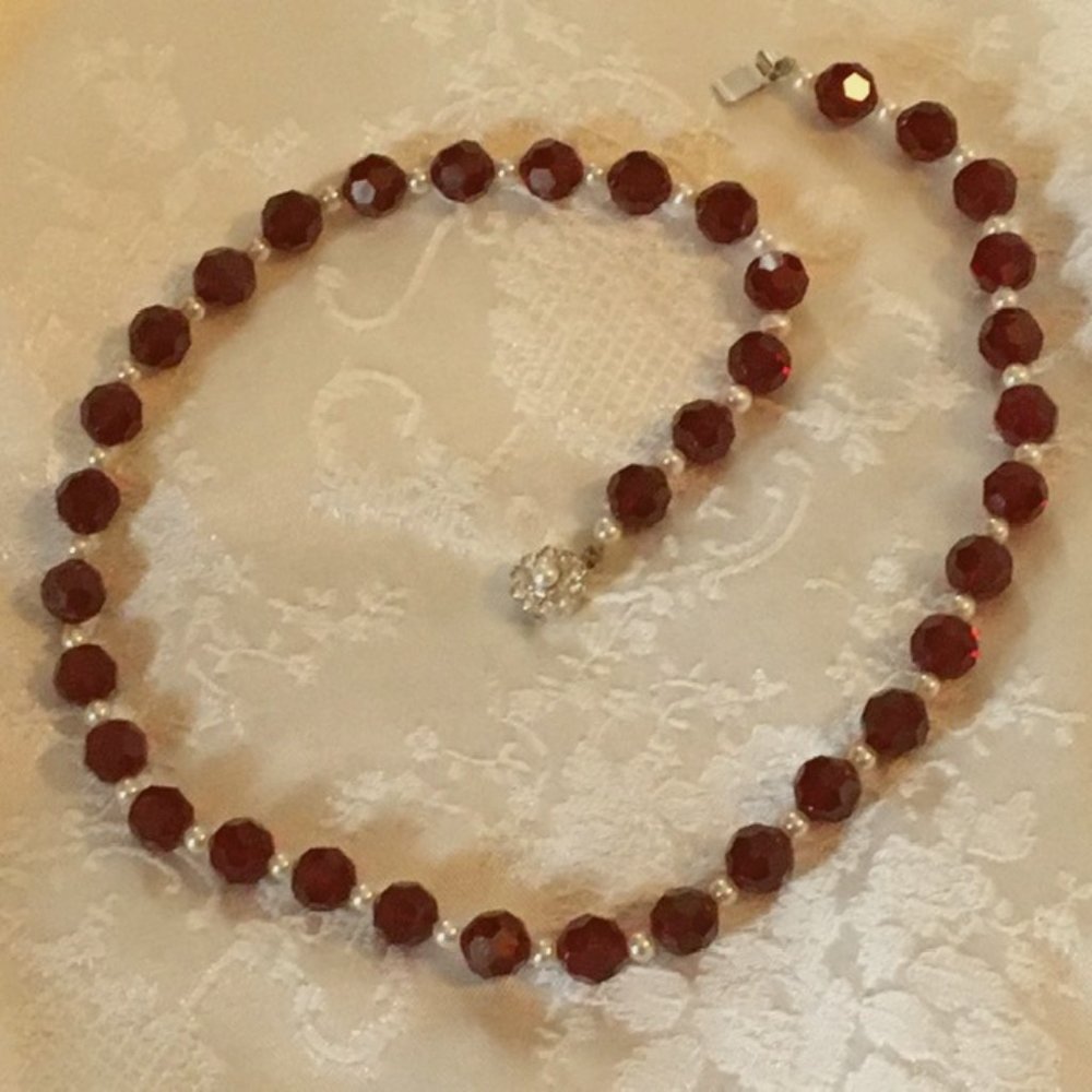 1930s/1940s Matinee Length Necklace with Garnet Red Crystal Beads & White Pearls